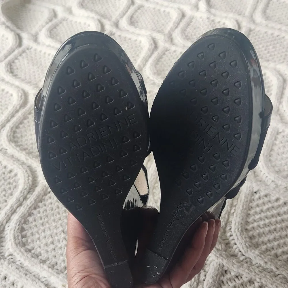 Adrienne Vittadini Navy Blue Patent Open toe Wedges Size 8.5